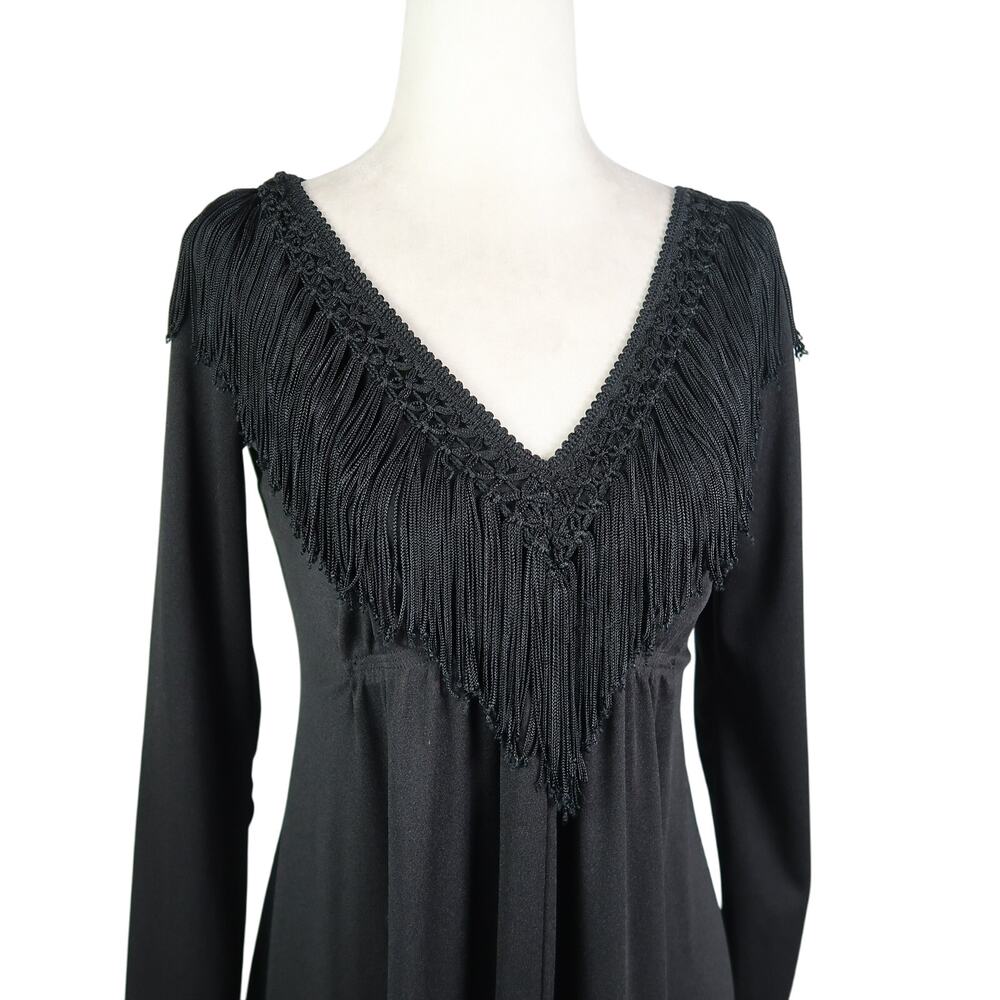 Vintage 70s Black Fringe Collar Trim Long Sleeve Maxi Dress 8 - Picture 2 of 6